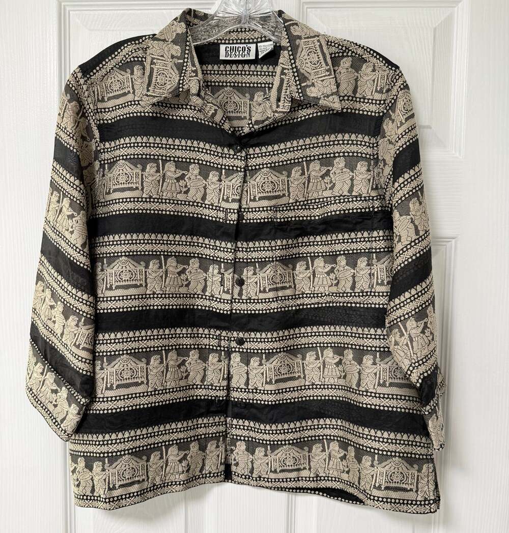 Chico's Design Women's Black & Gold Artsy Sheer Top Size 1.